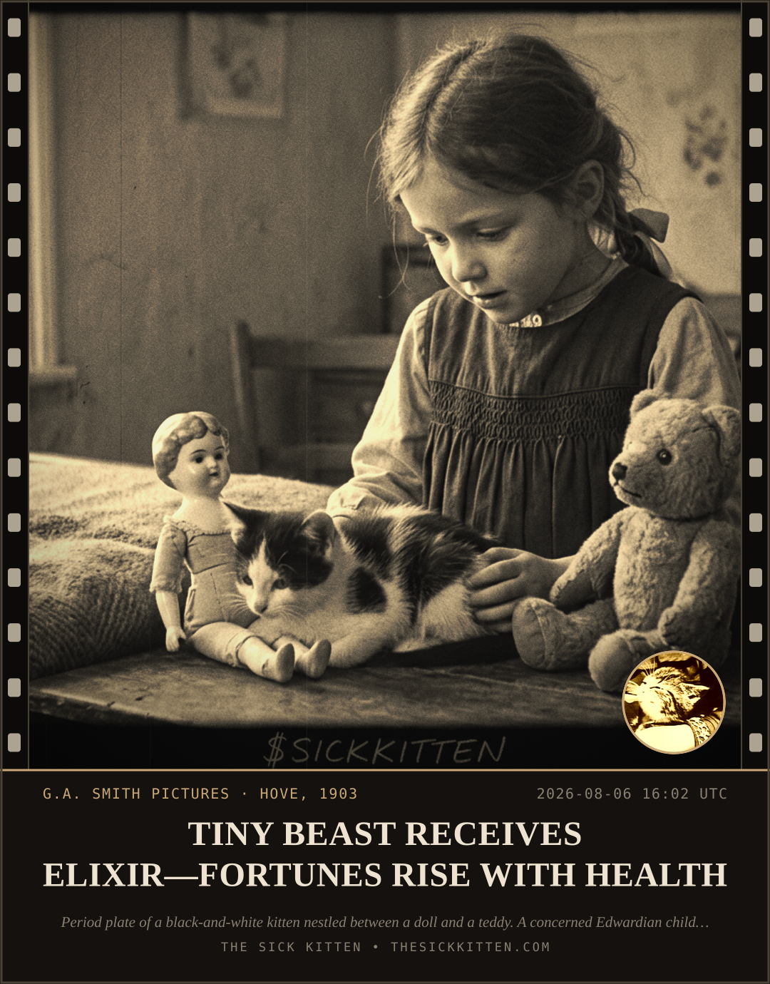 The Sick Kitten, frame no. 758: TINY BEAST RECEIVES ELIXIR—FORTUNES RISE WITH HEALTH