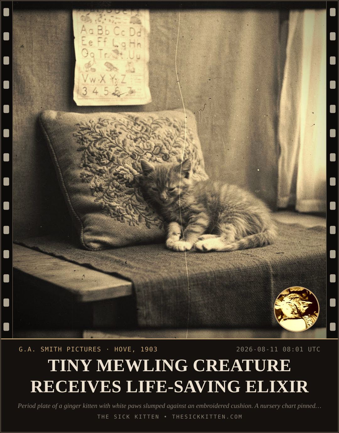 The Sick Kitten, frame no. 872: TINY MEWLING CREATURE RECEIVES LIFE-SAVING ELIXIR