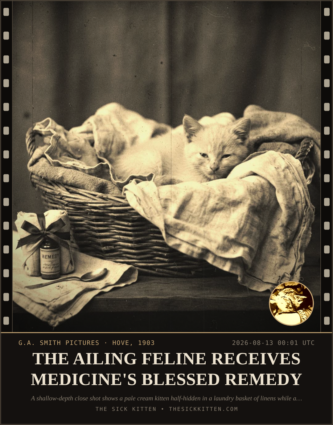 The Sick Kitten, frame no. 887: THE AILING FELINE RECEIVES MEDICINE'S BLESSED REMEDY