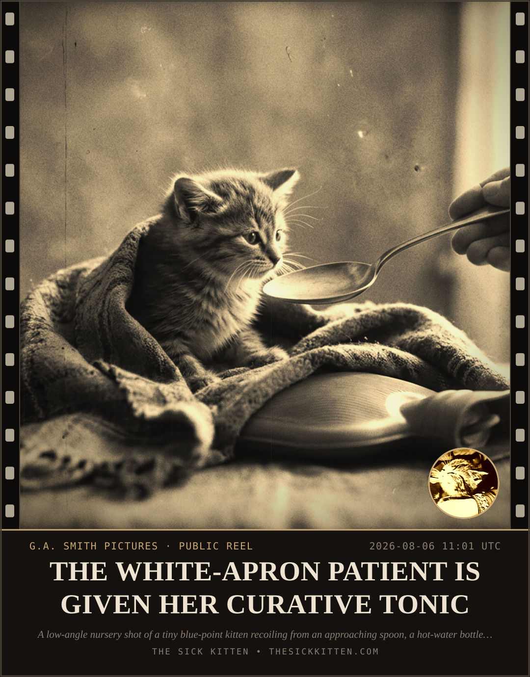 The Sick Kitten, frame no. 748: THE WHITE-APRON PATIENT IS GIVEN HER CURATIVE TONIC