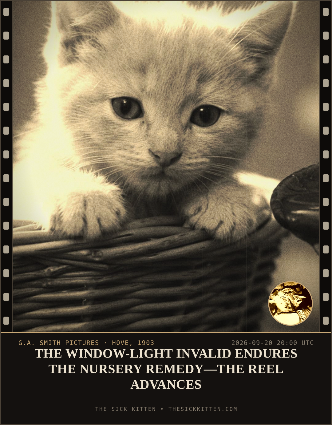 The Sick Kitten, frame no. 1166: THE WINDOW-LIGHT INVALID ENDURES THE NURSERY REMEDY—THE REEL ADVANCES
