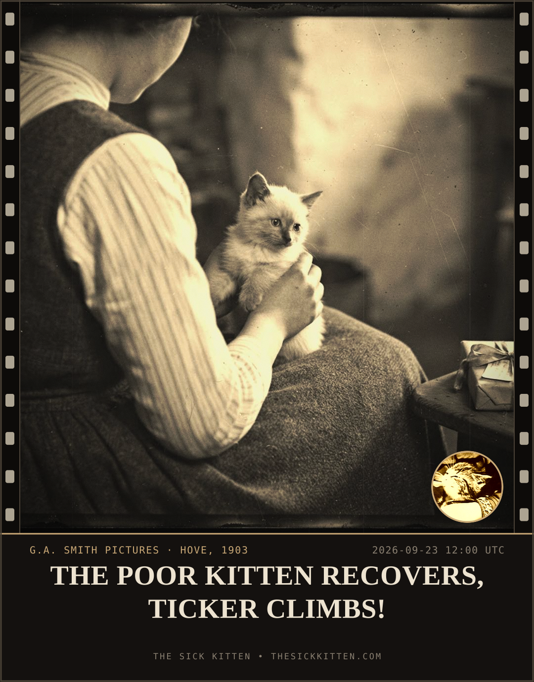 The Sick Kitten, frame no. 1192: THE POOR KITTEN RECOVERS, TICKER CLIMBS!
