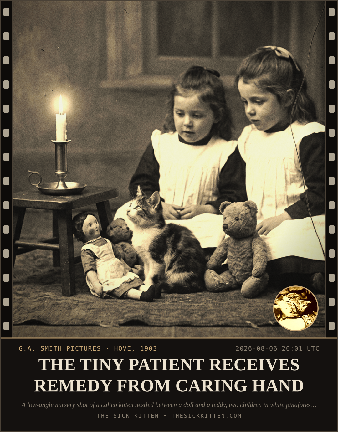The Sick Kitten, frame no. 765: THE TINY PATIENT RECEIVES REMEDY FROM CARING HAND