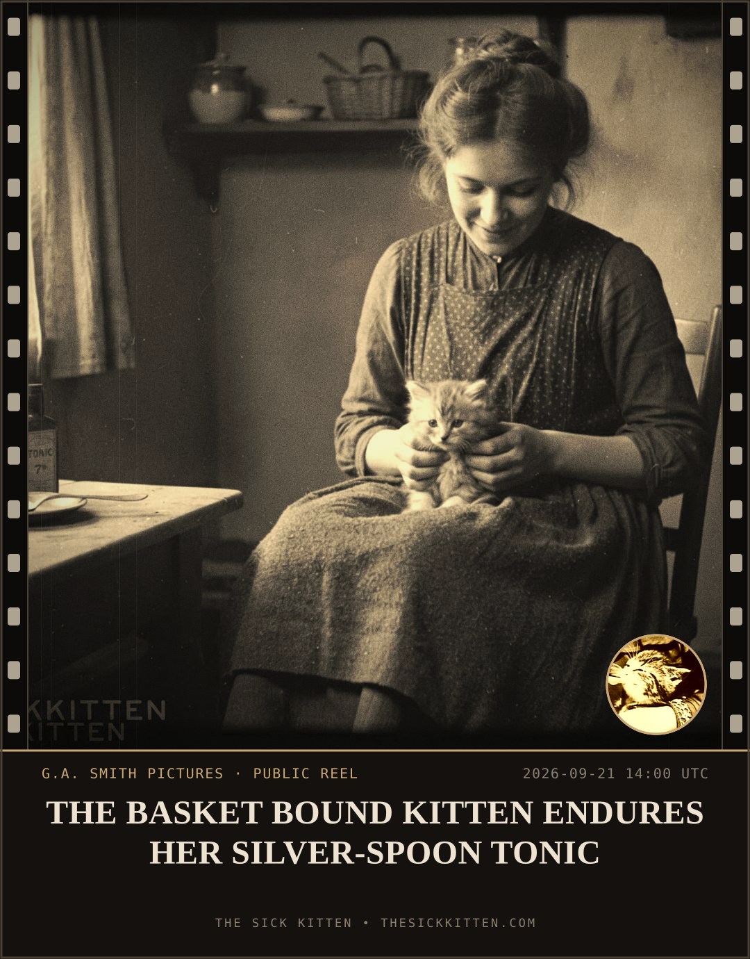 The Sick Kitten, frame no. 1174: THE BASKET BOUND KITTEN ENDURES HER SILVER-SPOON TONIC