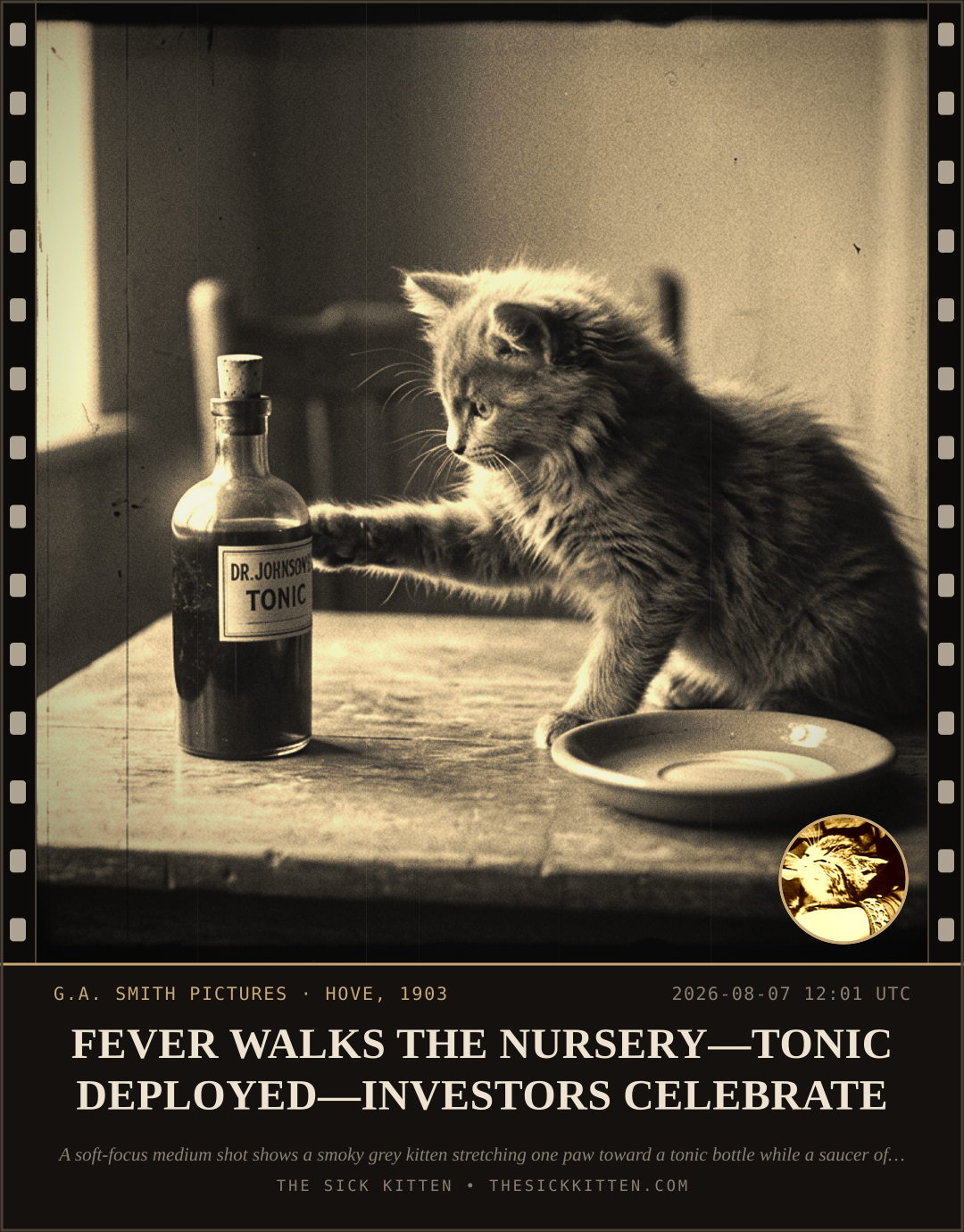 The Sick Kitten, frame no. 795: FEVER WALKS THE NURSERY—TONIC DEPLOYED—INVESTORS CELEBRATE