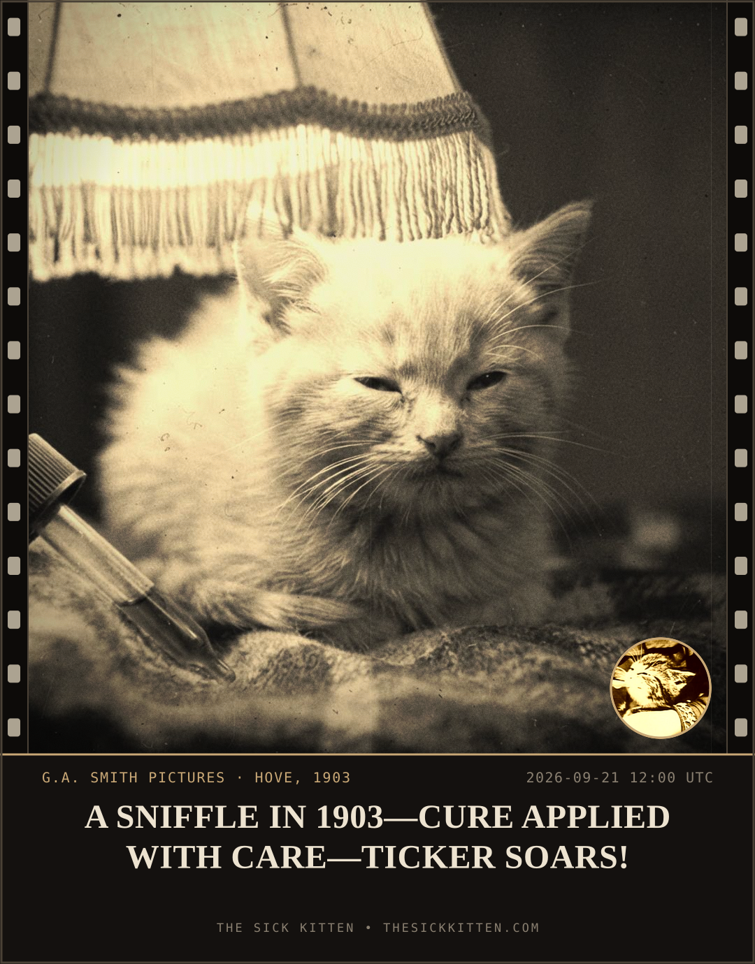 The Sick Kitten, frame no. 1173: A SNIFFLE IN 1903—CURE APPLIED WITH CARE—TICKER SOARS!