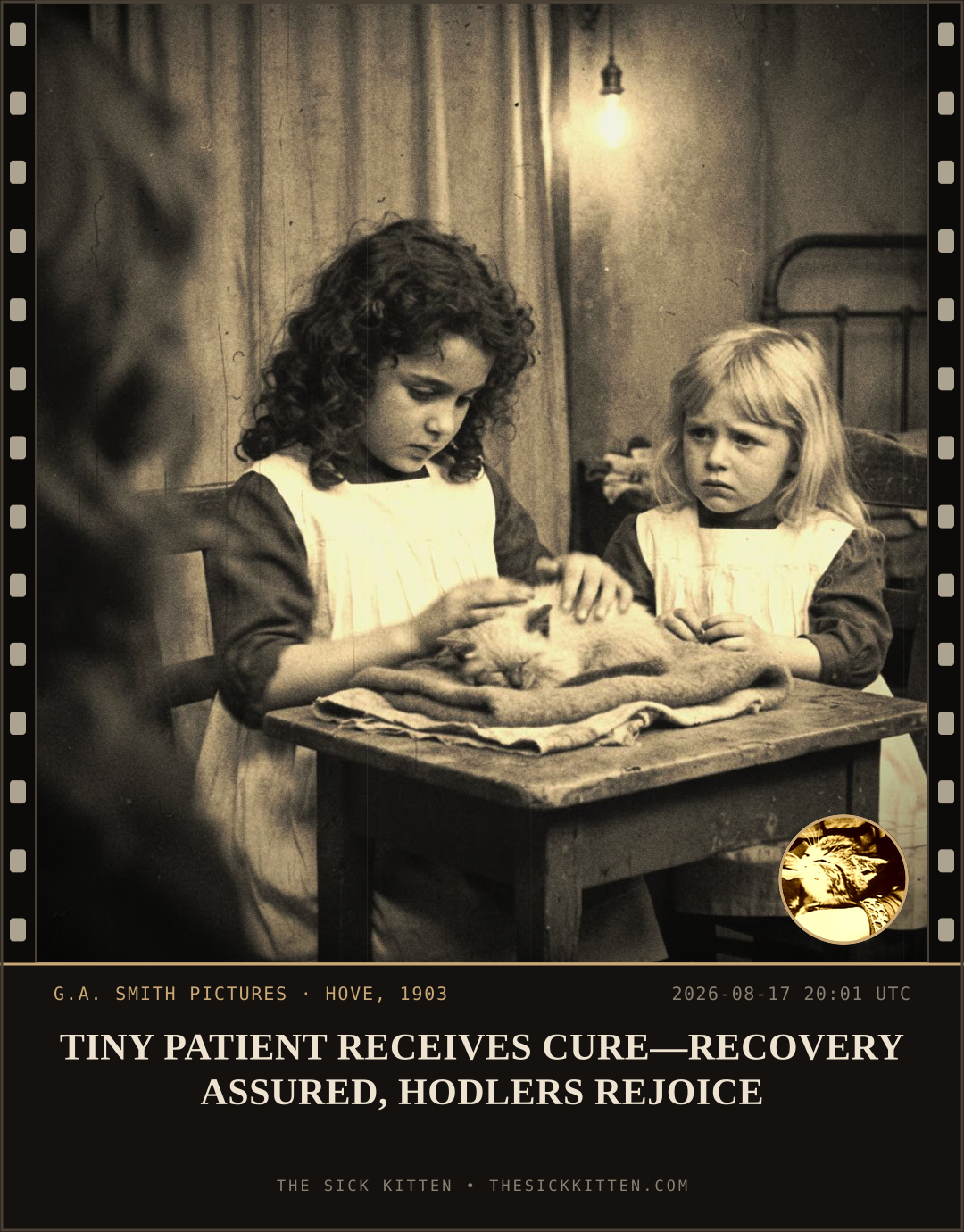 The Sick Kitten, frame no. 928: TINY PATIENT RECEIVES CURE—RECOVERY ASSURED, HODLERS REJOICE
