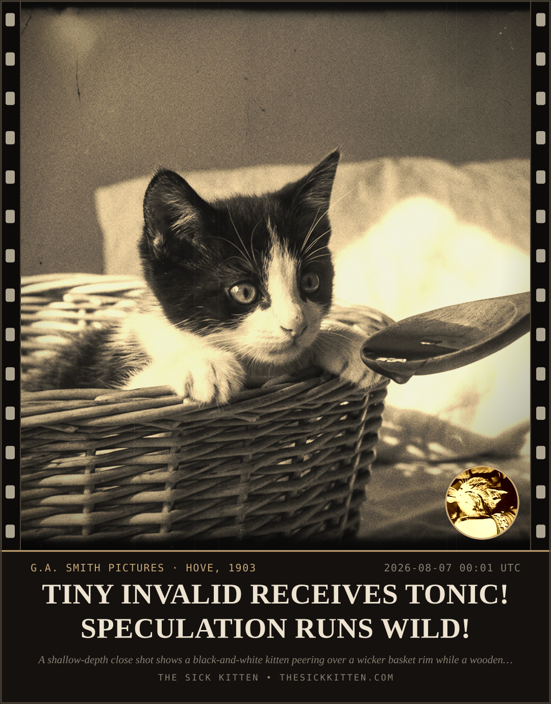 The Sick Kitten, frame no. 773: TINY INVALID RECEIVES TONIC! SPECULATION RUNS WILD!