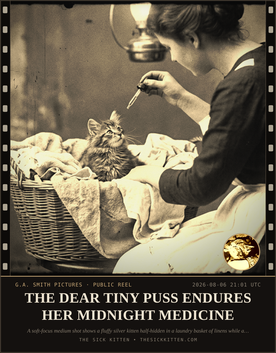 The Sick Kitten, frame no. 767: THE DEAR TINY PUSS ENDURES HER MIDNIGHT MEDICINE