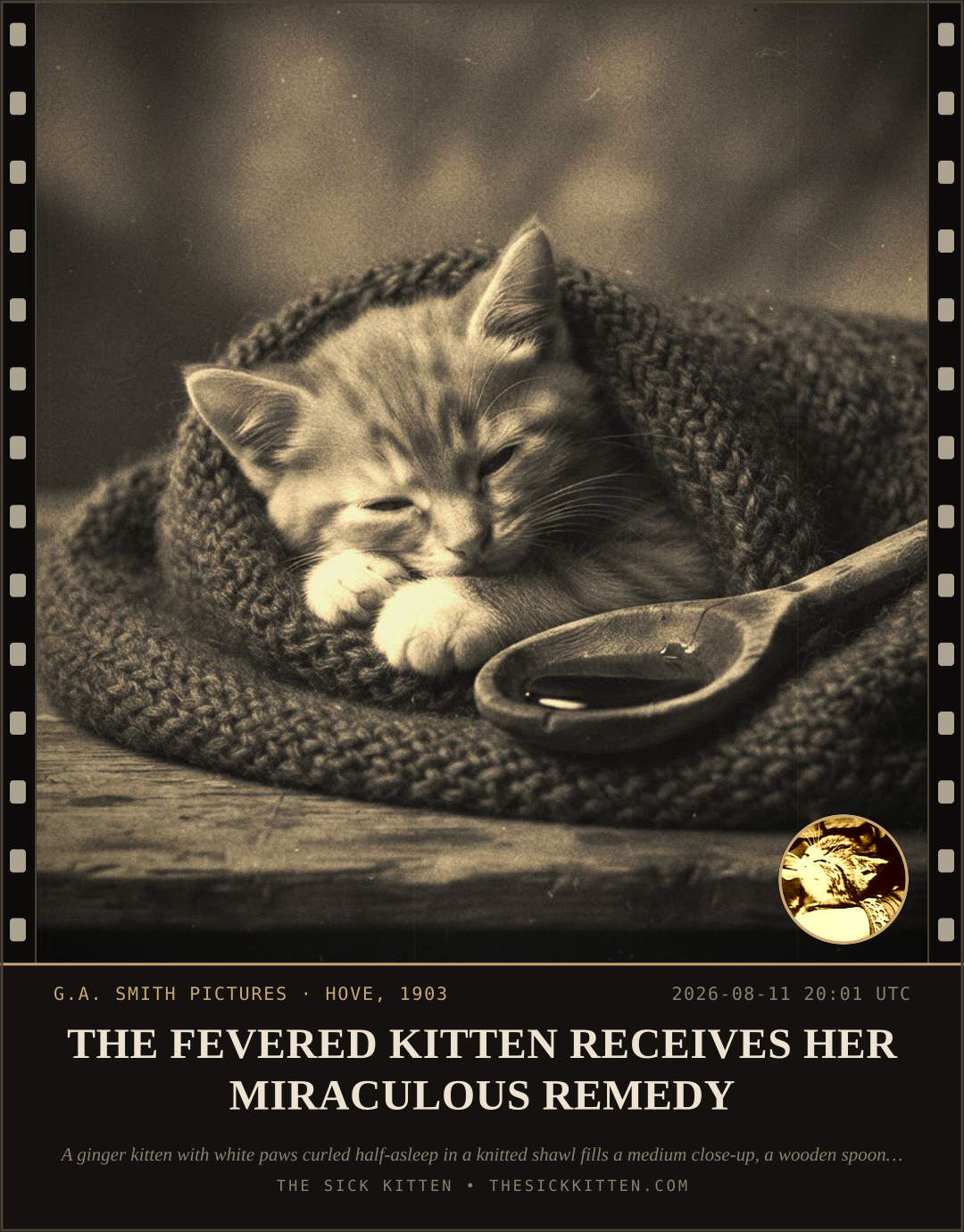 The Sick Kitten, frame no. 876: THE FEVERED KITTEN RECEIVES HER MIRACULOUS REMEDY