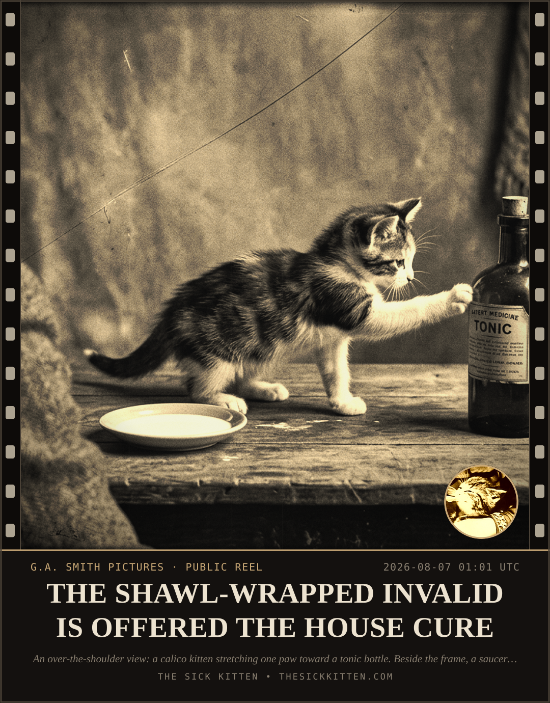 The Sick Kitten, frame no. 776: THE SHAWL-WRAPPED INVALID IS OFFERED THE HOUSE CURE