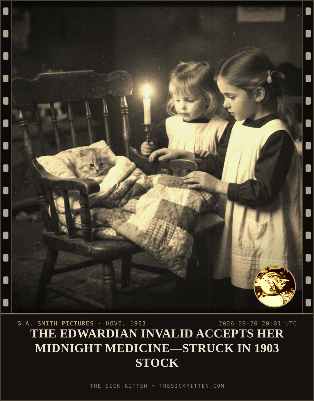 The Sick Kitten, frame no. 1167: THE EDWARDIAN INVALID ACCEPTS HER MIDNIGHT MEDICINE—STRUCK IN 1903 STOCK