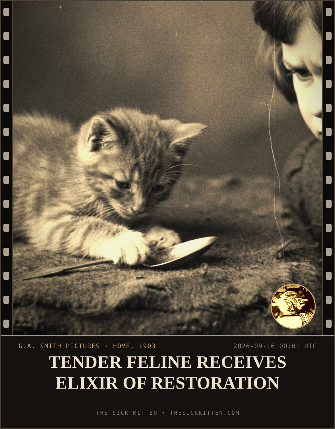 The Sick Kitten, frame no. 1128: TENDER FELINE RECEIVES ELIXIR OF RESTORATION