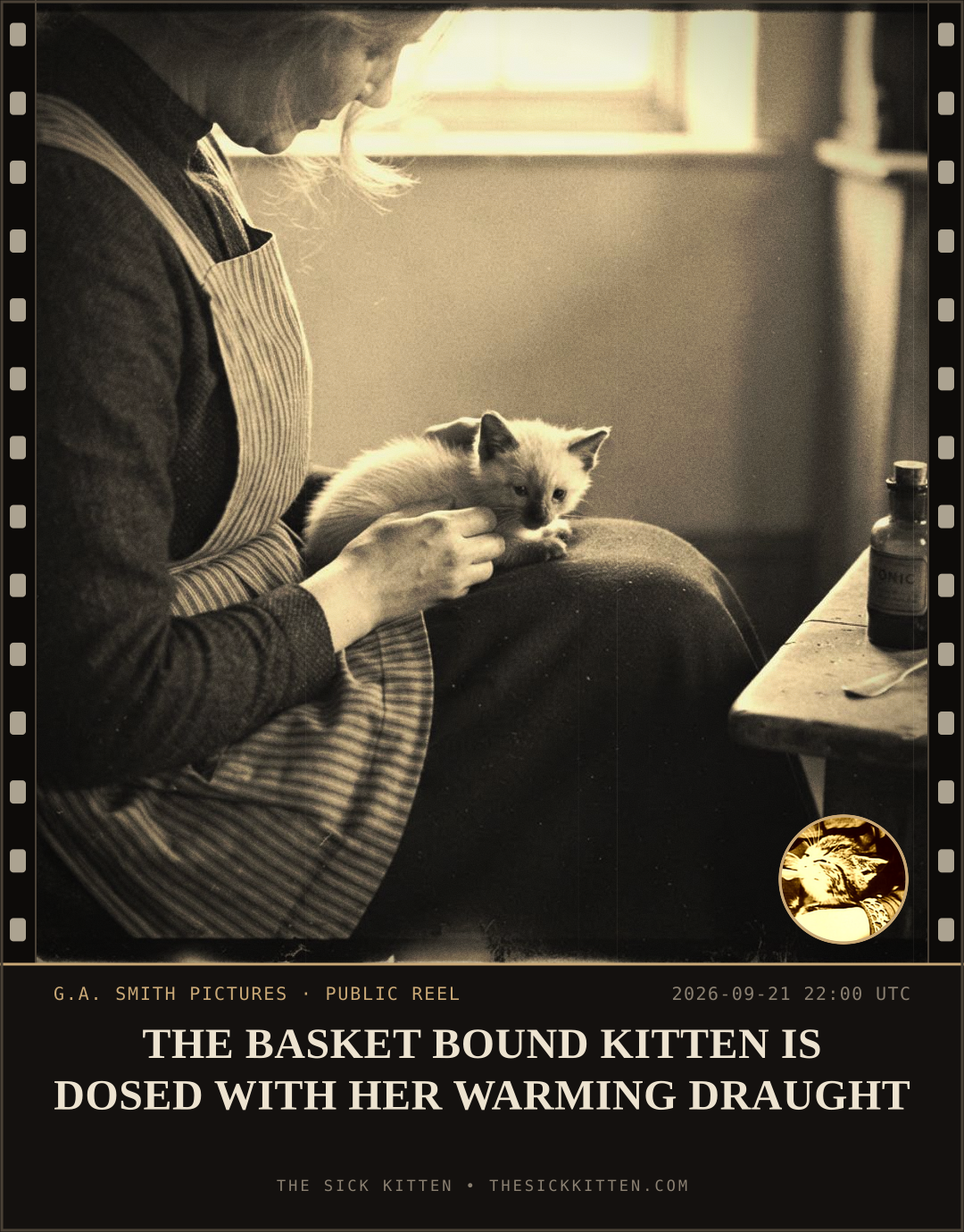 The Sick Kitten, frame no. 1178: THE BASKET BOUND KITTEN IS DOSED WITH HER WARMING DRAUGHT