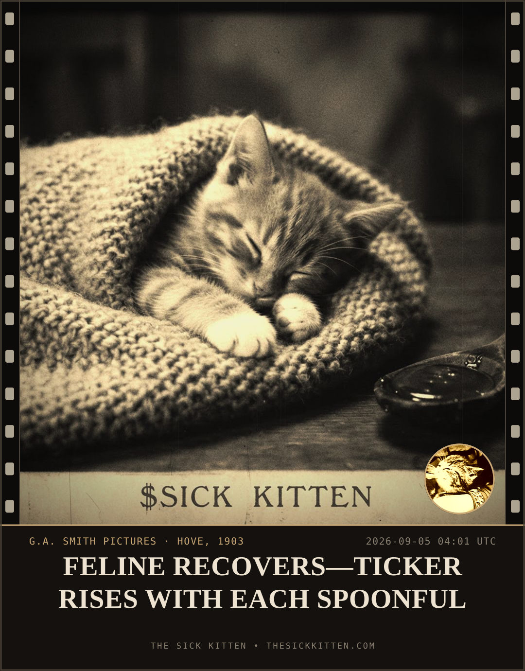 The Sick Kitten, frame no. 1030: FELINE RECOVERS—TICKER RISES WITH EACH SPOONFUL