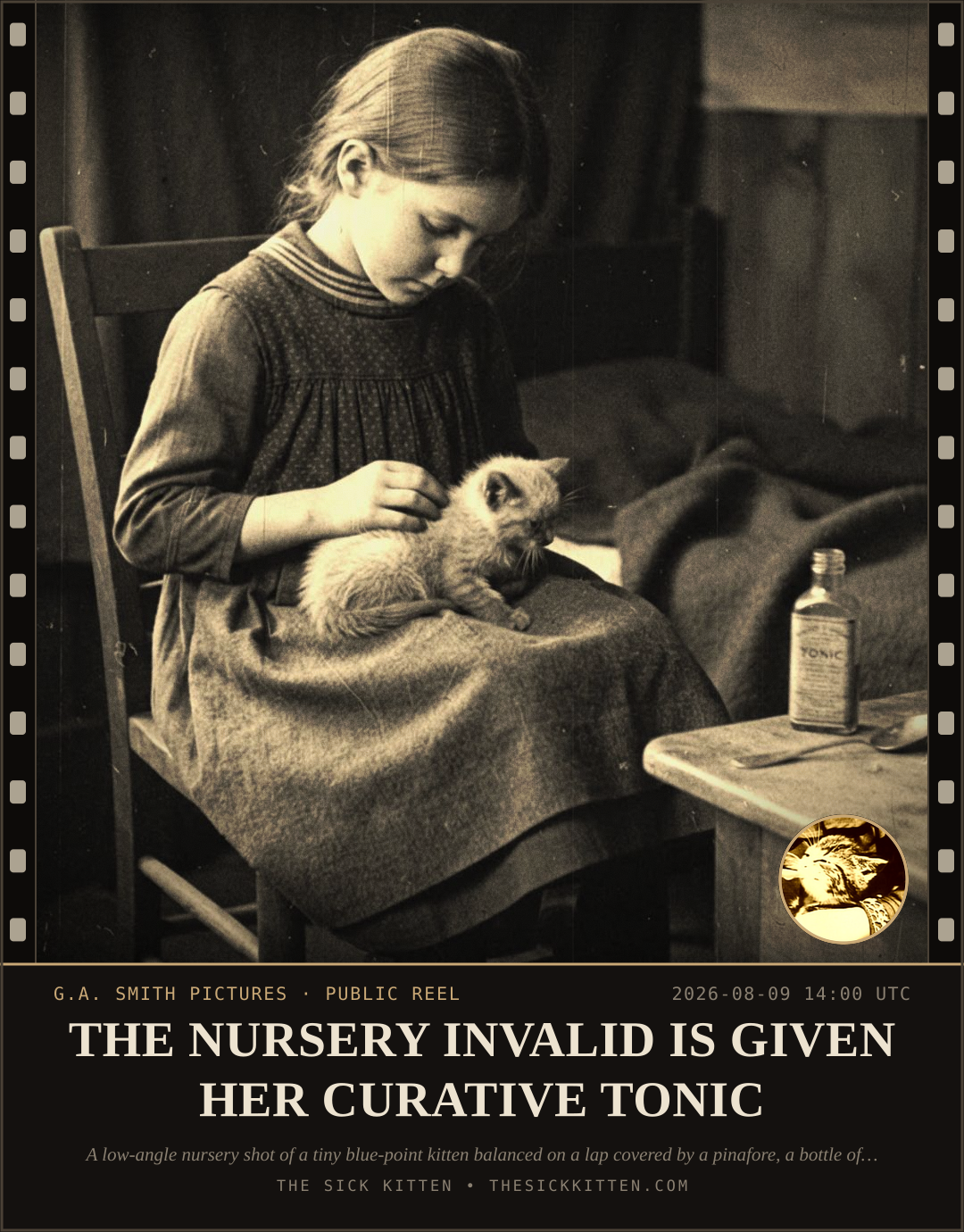 The Sick Kitten, frame no. 853: THE NURSERY INVALID IS GIVEN HER CURATIVE TONIC