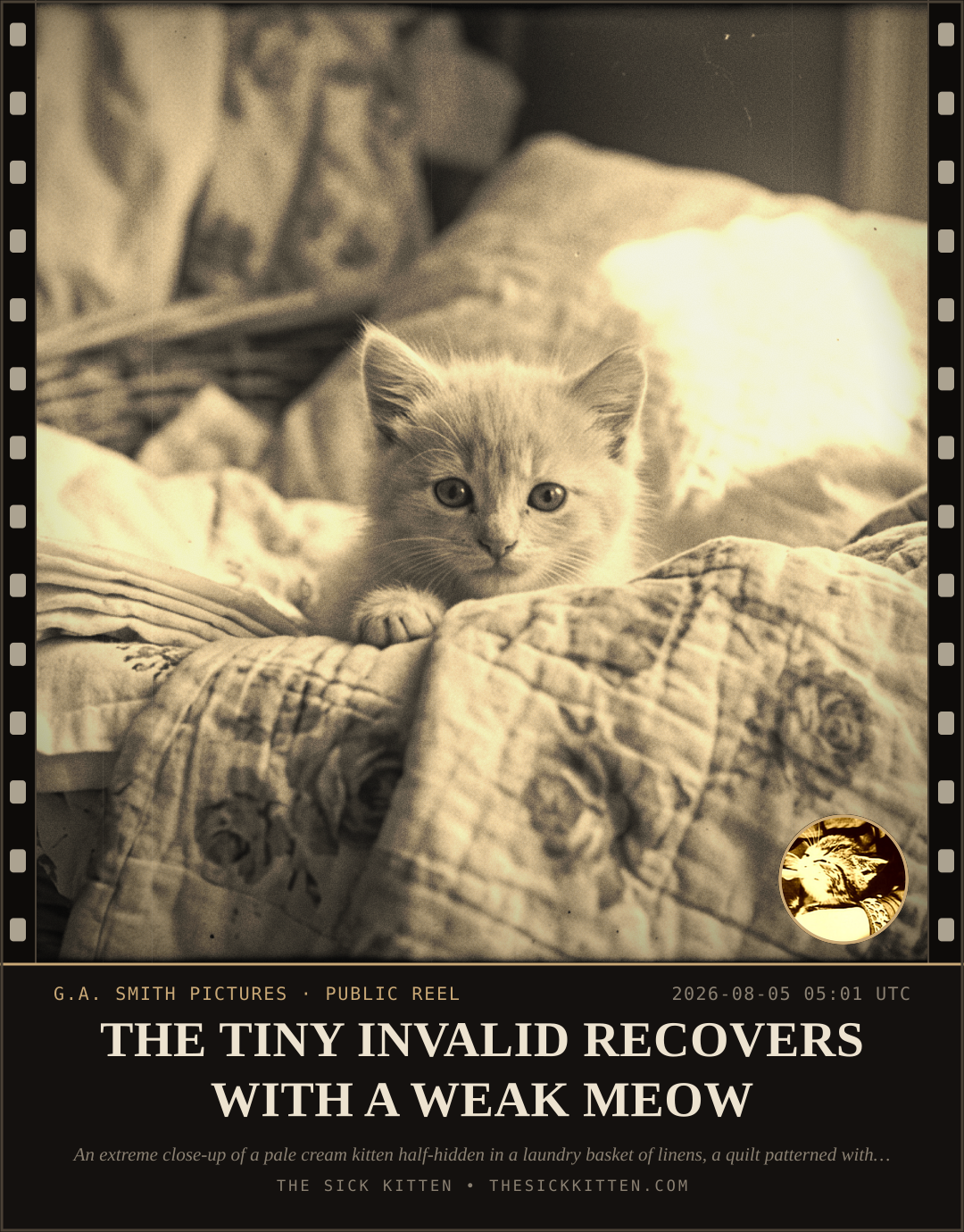 The Sick Kitten, frame no. 695: THE TINY INVALID RECOVERS WITH A WEAK MEOW