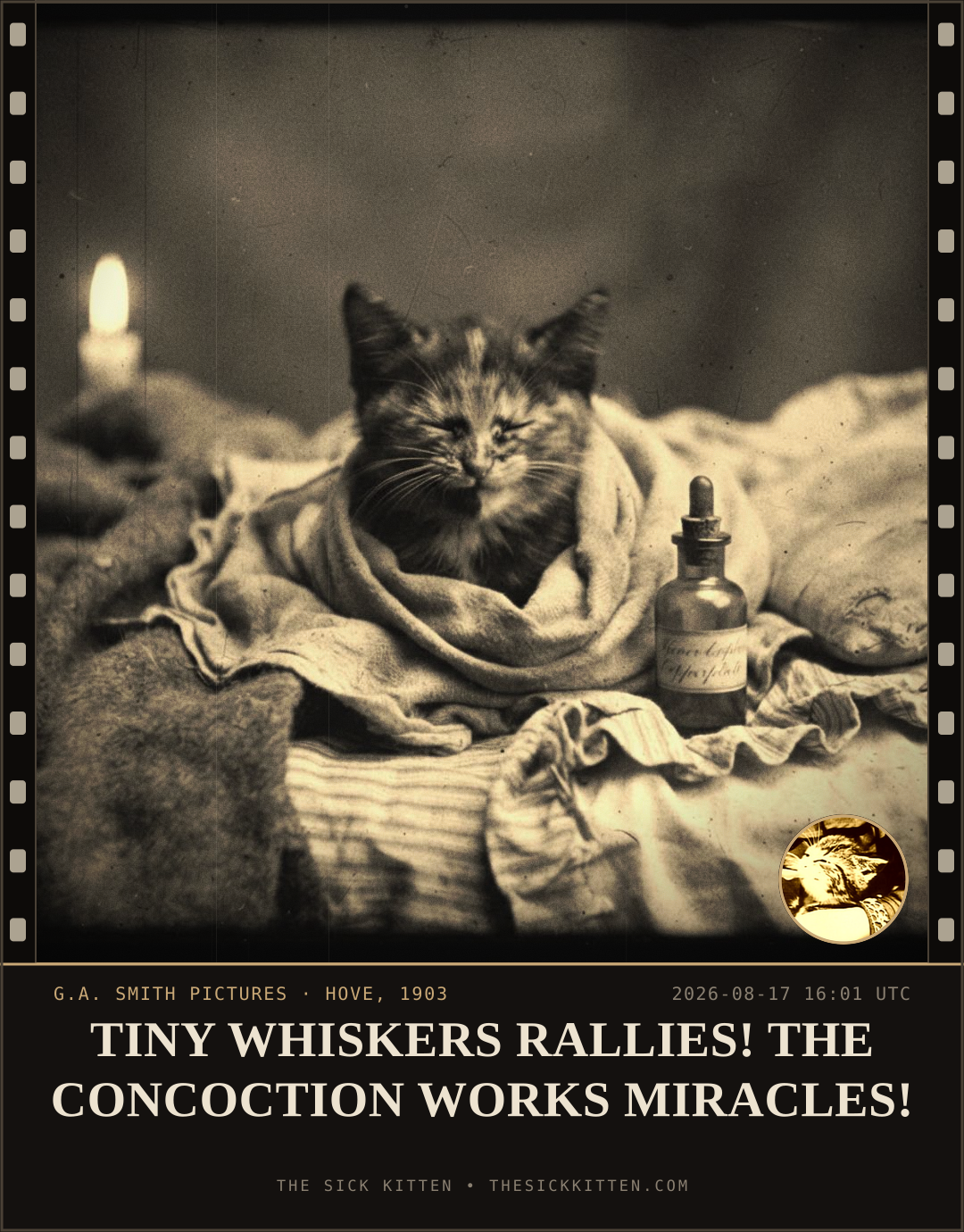 The Sick Kitten, frame no. 926: TINY WHISKERS RALLIES! THE CONCOCTION WORKS MIRACLES!