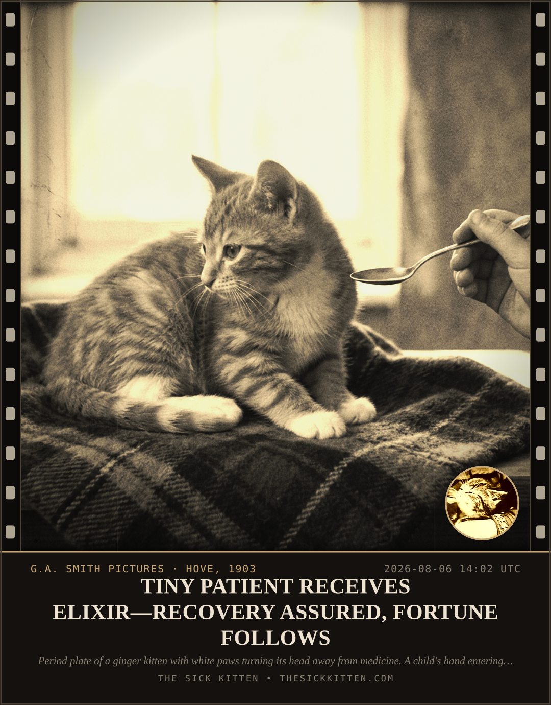 The Sick Kitten, frame no. 754: TINY PATIENT RECEIVES ELIXIR—RECOVERY ASSURED, FORTUNE FOLLOWS