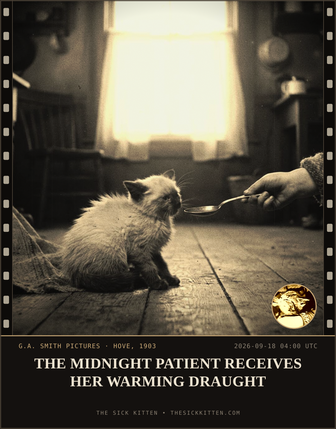 The Sick Kitten, frame no. 1142: THE MIDNIGHT PATIENT RECEIVES HER WARMING DRAUGHT