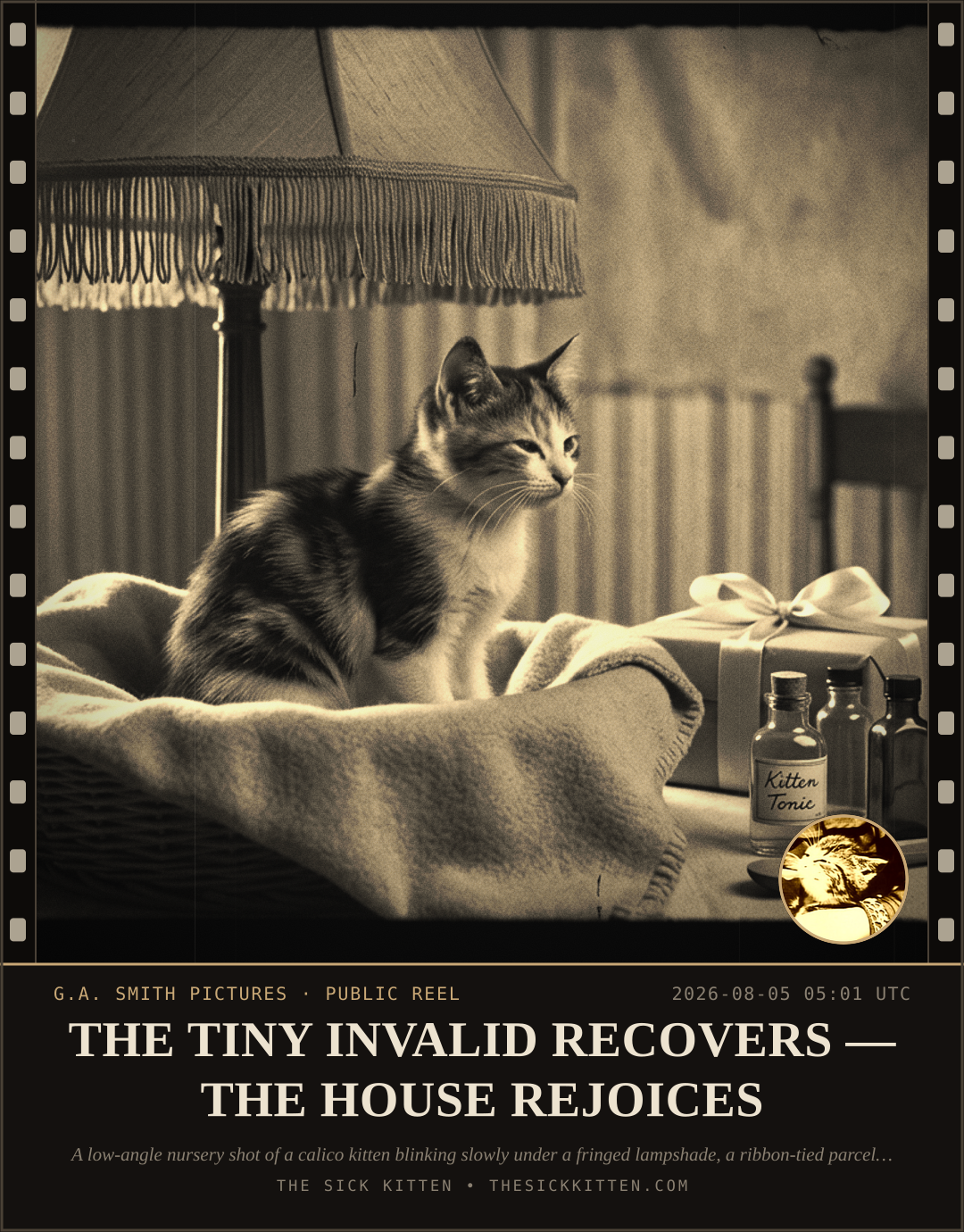 The Sick Kitten, frame no. 694: THE TINY INVALID RECOVERS — THE HOUSE REJOICES