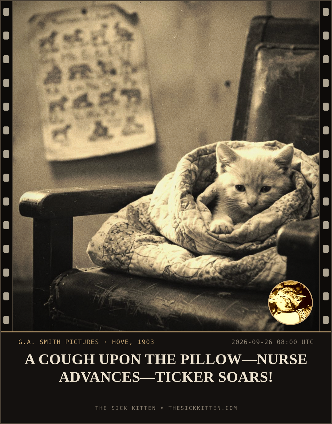 The Sick Kitten, frame no. 1213: A COUGH UPON THE PILLOW—NURSE ADVANCES—TICKER SOARS!