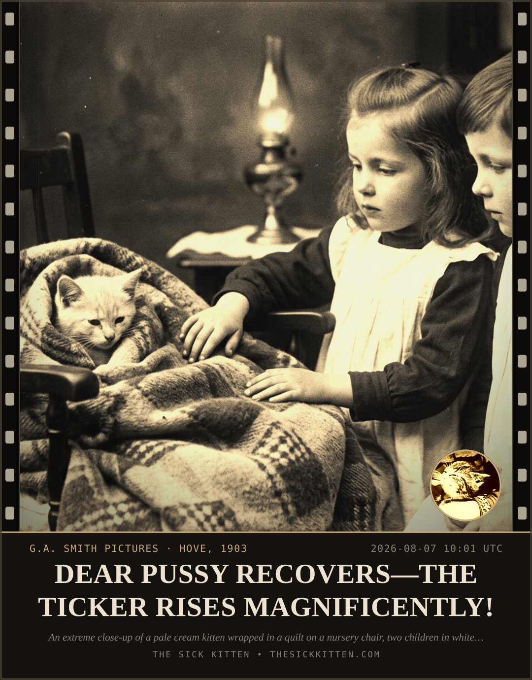 The Sick Kitten, frame no. 792: DEAR PUSSY RECOVERS—THE TICKER RISES MAGNIFICENTLY!