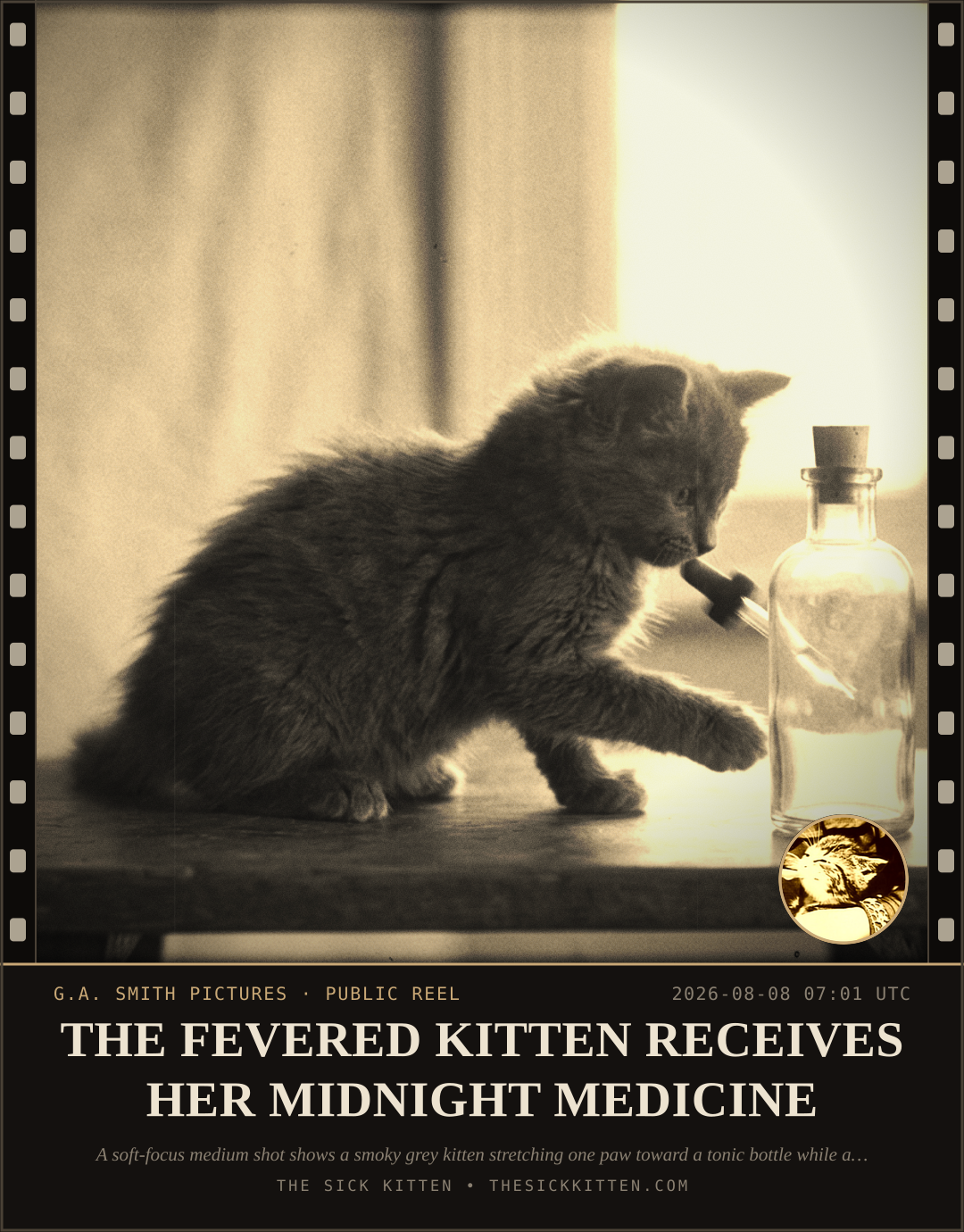 The Sick Kitten, frame no. 833: THE FEVERED KITTEN RECEIVES HER MIDNIGHT MEDICINE
