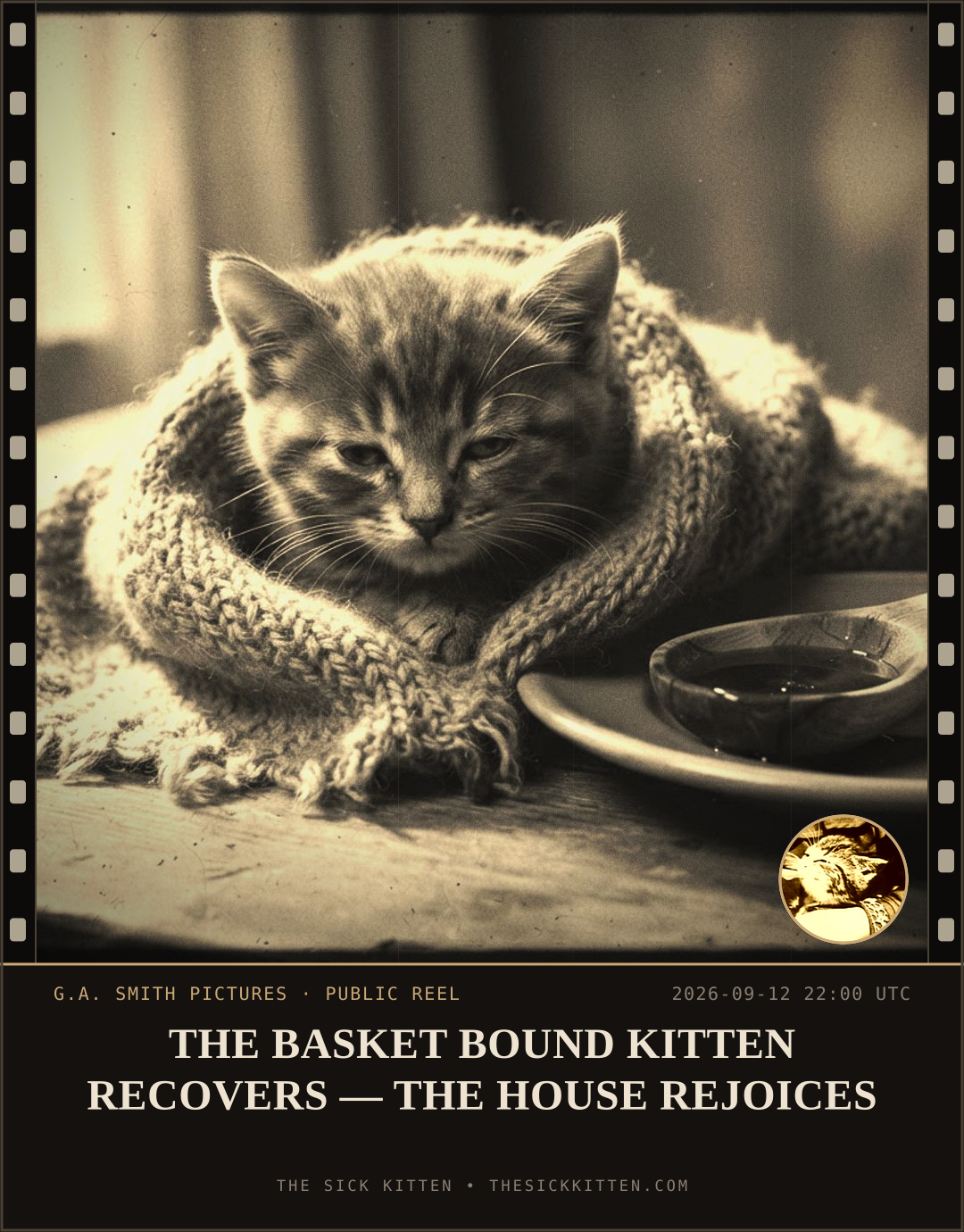 The Sick Kitten, frame no. 1099: THE BASKET BOUND KITTEN RECOVERS — THE HOUSE REJOICES