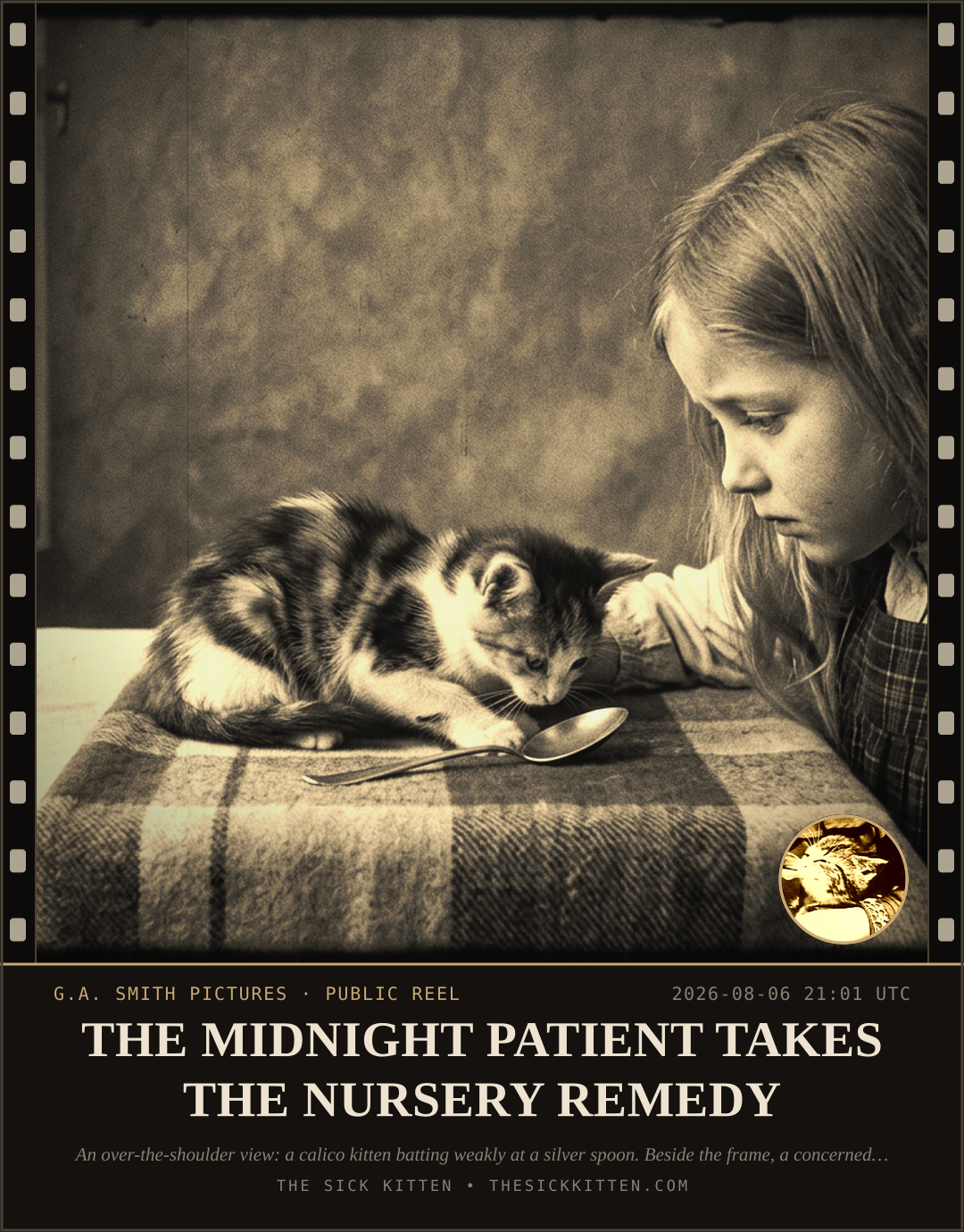The Sick Kitten, frame no. 768: THE MIDNIGHT PATIENT TAKES THE NURSERY REMEDY