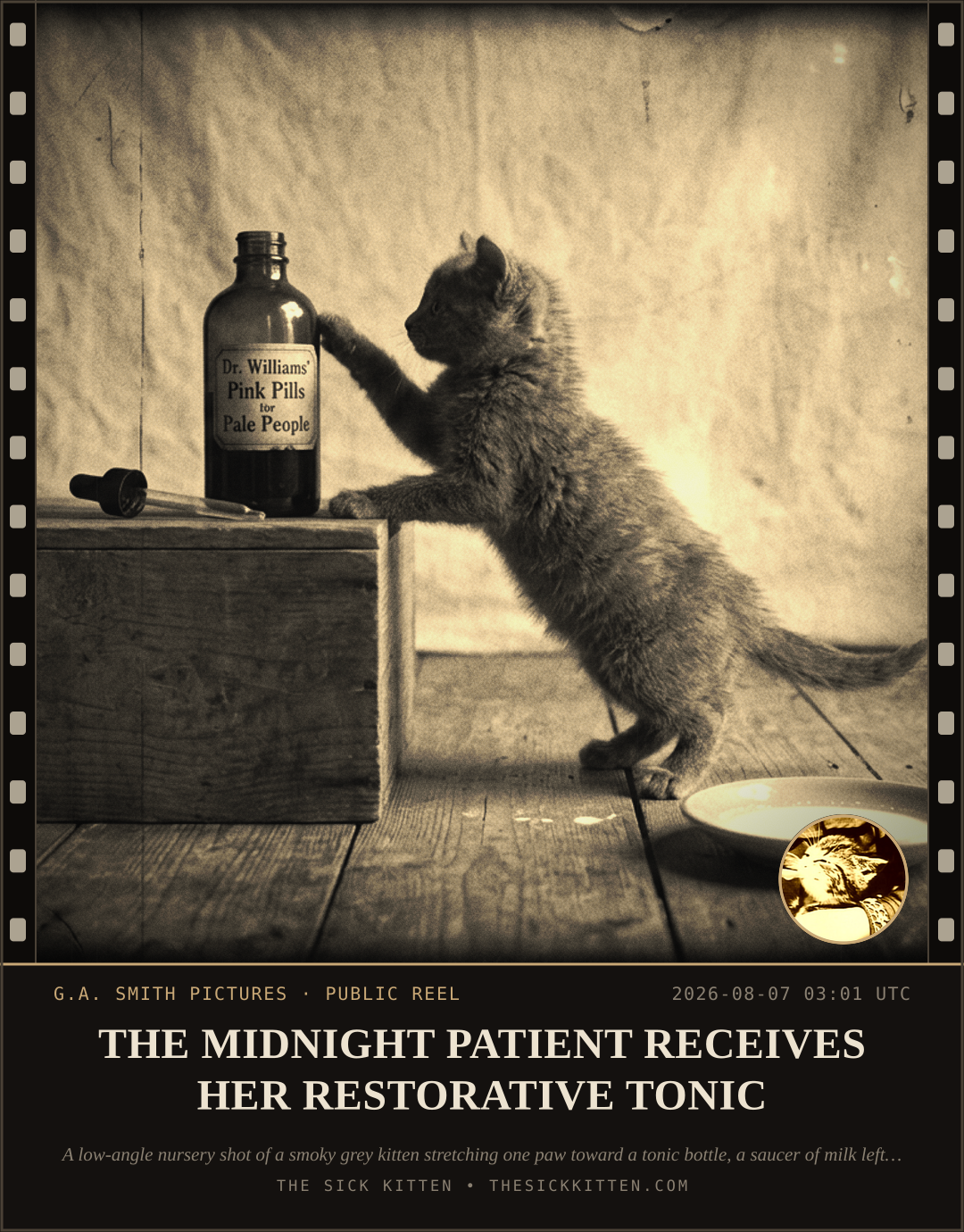 The Sick Kitten, frame no. 779: THE MIDNIGHT PATIENT RECEIVES HER RESTORATIVE TONIC