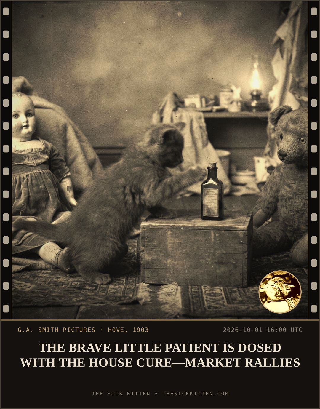 The Sick Kitten, frame no. 1249: THE BRAVE LITTLE PATIENT IS DOSED WITH THE HOUSE CURE—MARKET RALLIES