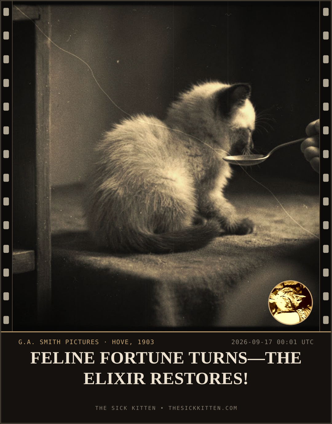 The Sick Kitten, frame no. 1135: FELINE FORTUNE TURNS—THE ELIXIR RESTORES!