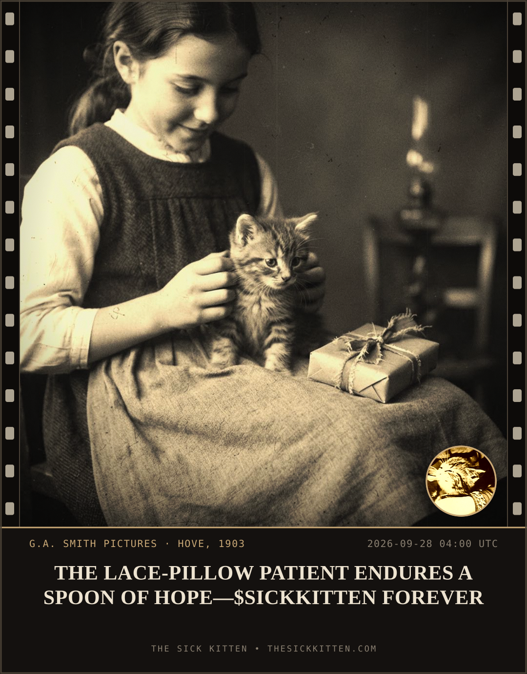The Sick Kitten, frame no. 1228: THE LACE-PILLOW PATIENT ENDURES A SPOON OF HOPE—$SICKKITTEN FOREVER