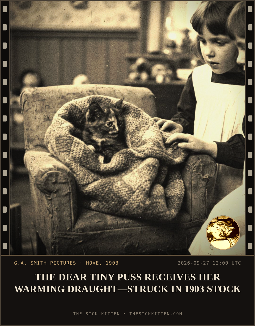 The Sick Kitten, frame no. 1223: THE DEAR TINY PUSS RECEIVES HER WARMING DRAUGHT—STRUCK IN 1903 STOCK
