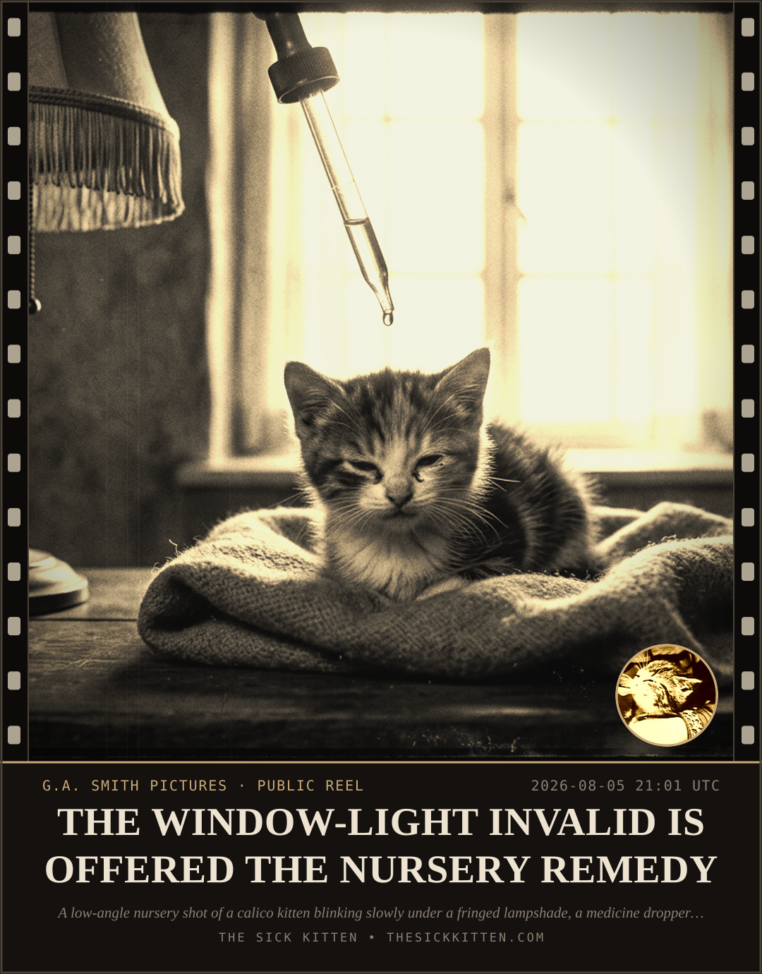 The Sick Kitten, frame no. 721: THE WINDOW-LIGHT INVALID IS OFFERED THE NURSERY REMEDY