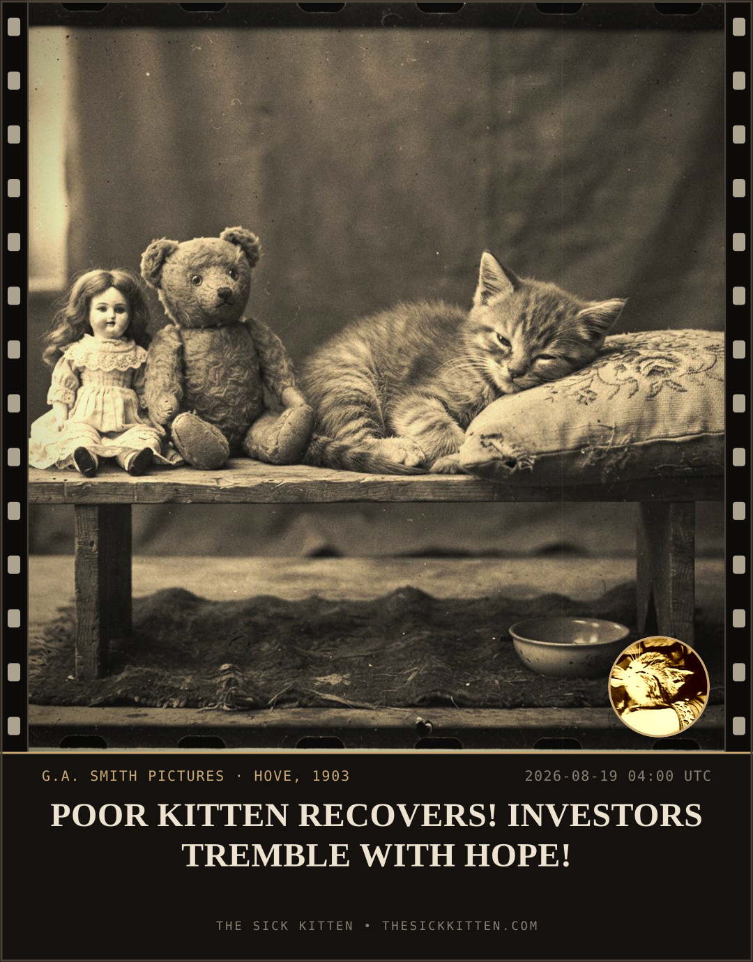 The Sick Kitten, frame no. 941: POOR KITTEN RECOVERS! INVESTORS TREMBLE WITH HOPE!