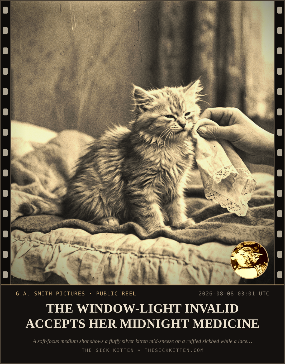 The Sick Kitten, frame no. 824: THE WINDOW-LIGHT INVALID ACCEPTS HER MIDNIGHT MEDICINE