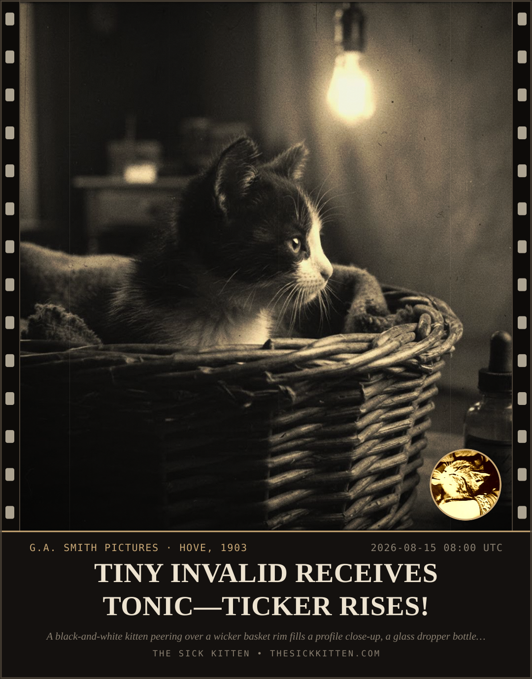 The Sick Kitten, frame no. 905: TINY INVALID RECEIVES TONIC—TICKER RISES!
