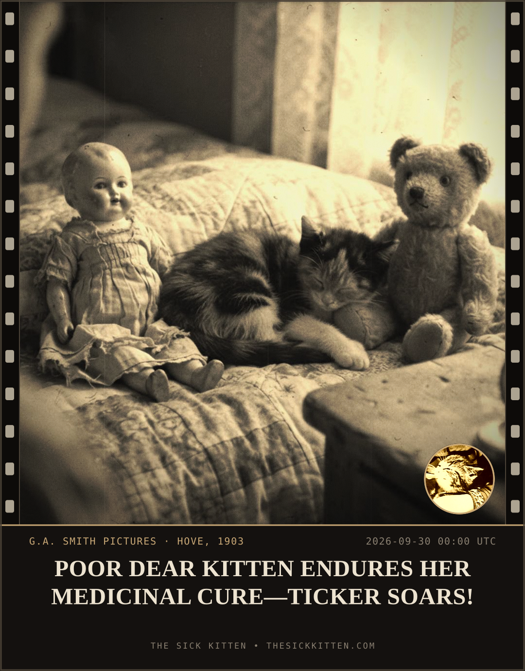 The Sick Kitten, frame no. 1241: POOR DEAR KITTEN ENDURES HER MEDICINAL CURE—TICKER SOARS!