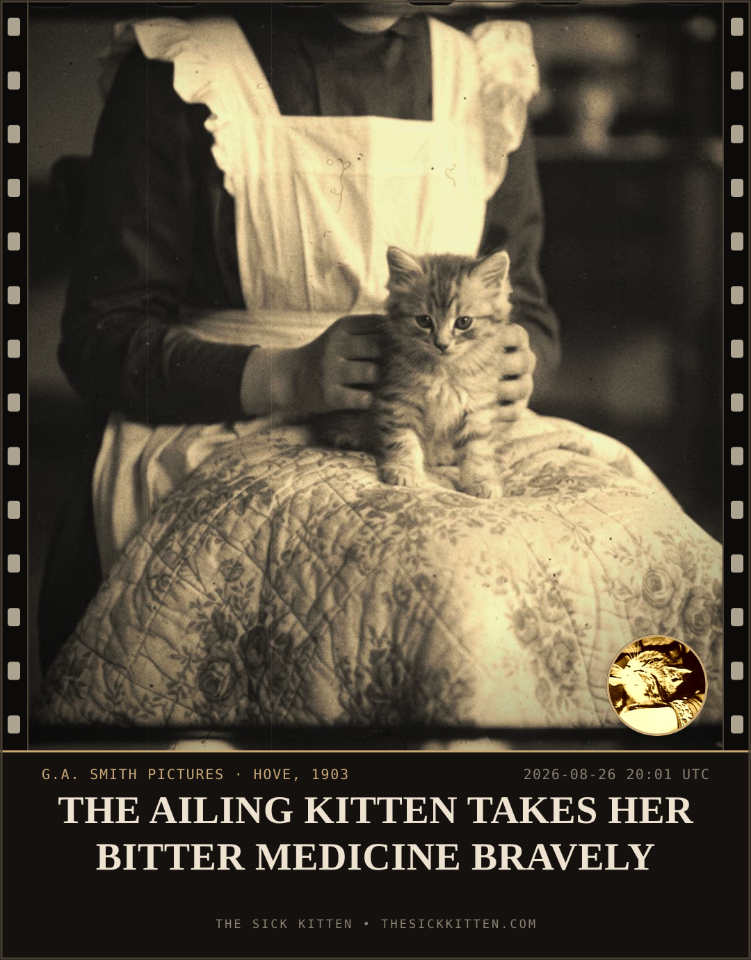 The Sick Kitten, frame no. 958: THE AILING KITTEN TAKES HER BITTER MEDICINE BRAVELY