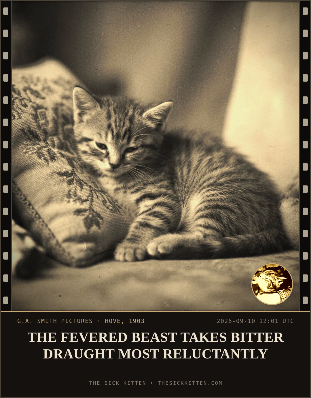 The Sick Kitten, frame no. 1078: THE FEVERED BEAST TAKES BITTER DRAUGHT MOST RELUCTANTLY