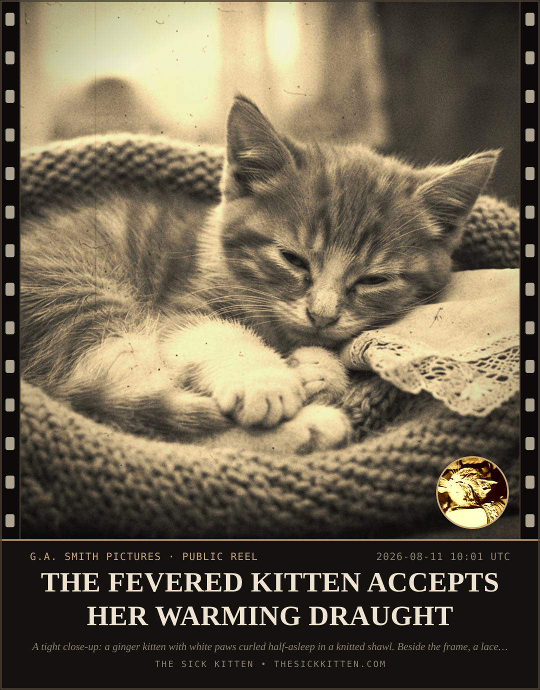The Sick Kitten, frame no. 873: THE FEVERED KITTEN ACCEPTS HER WARMING DRAUGHT