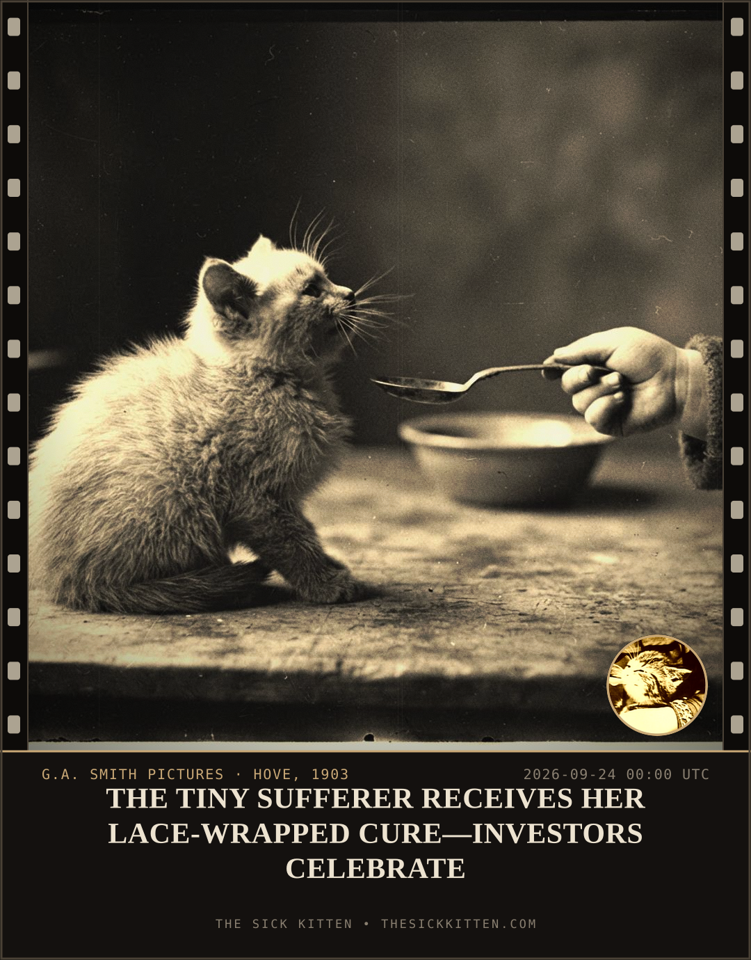 The Sick Kitten, frame no. 1196: THE TINY SUFFERER RECEIVES HER LACE-WRAPPED CURE—INVESTORS CELEBRATE