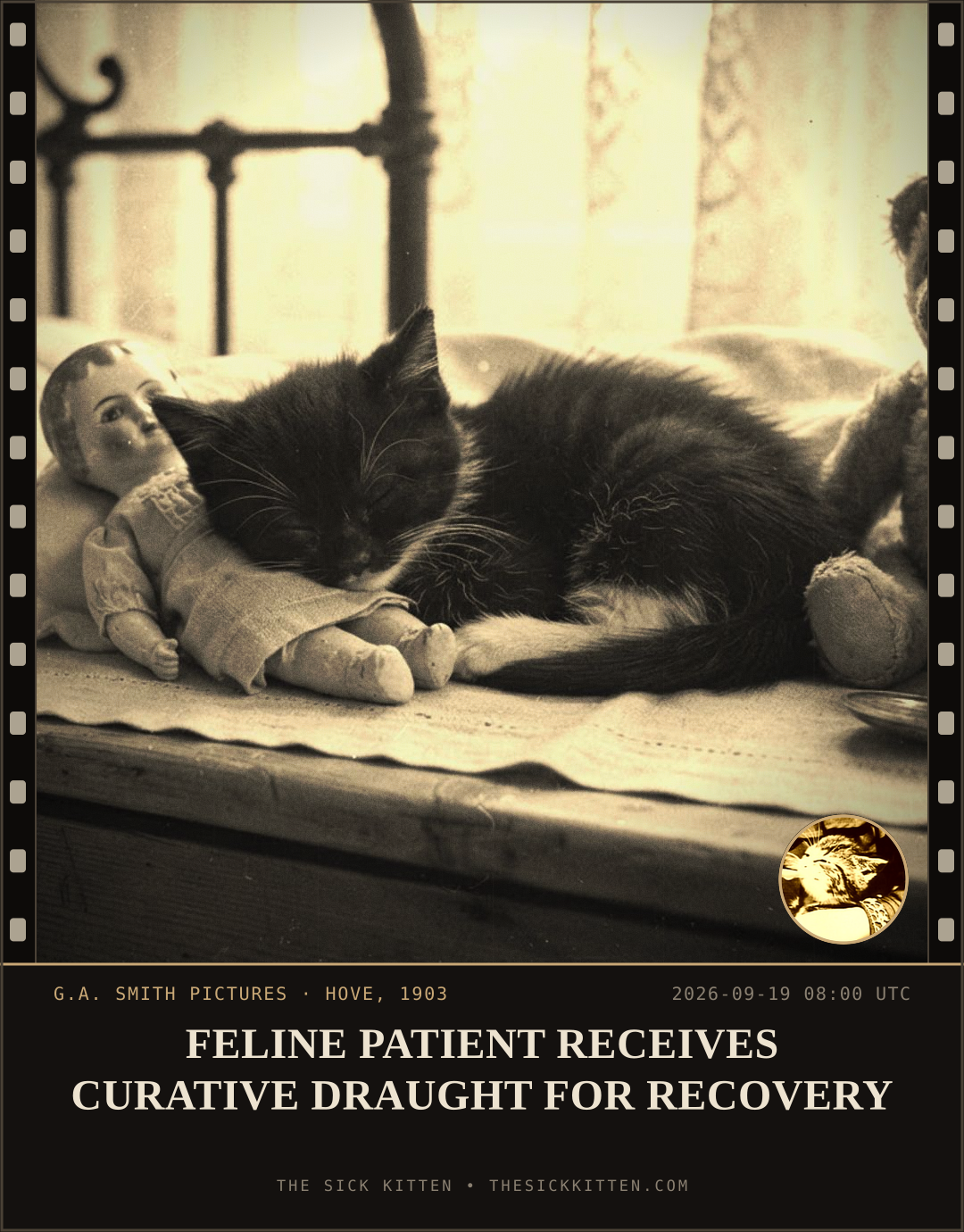 The Sick Kitten, frame no. 1150: FELINE PATIENT RECEIVES CURATIVE DRAUGHT FOR RECOVERY