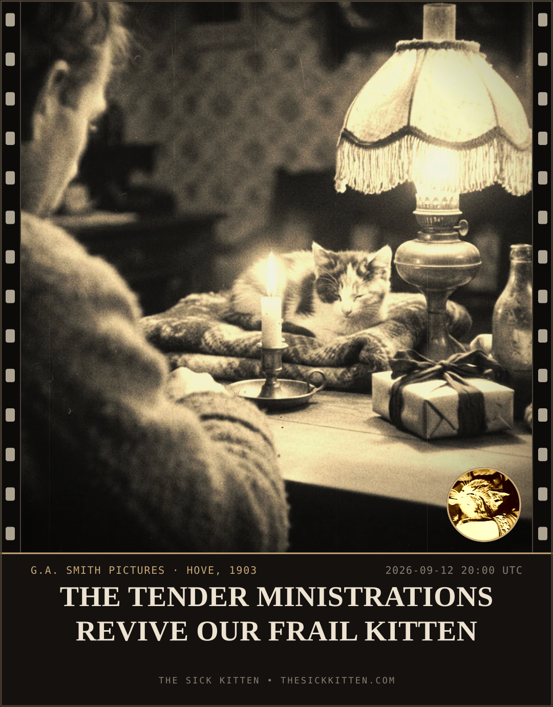 The Sick Kitten, frame no. 1098: THE TENDER MINISTRATIONS REVIVE OUR FRAIL KITTEN