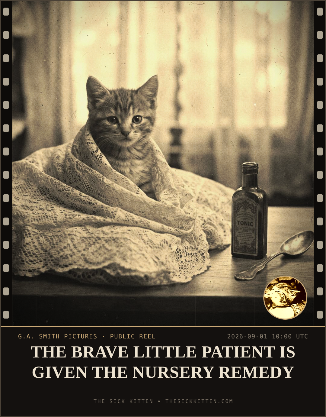 The Sick Kitten, frame no. 1001: THE BRAVE LITTLE PATIENT IS GIVEN THE NURSERY REMEDY