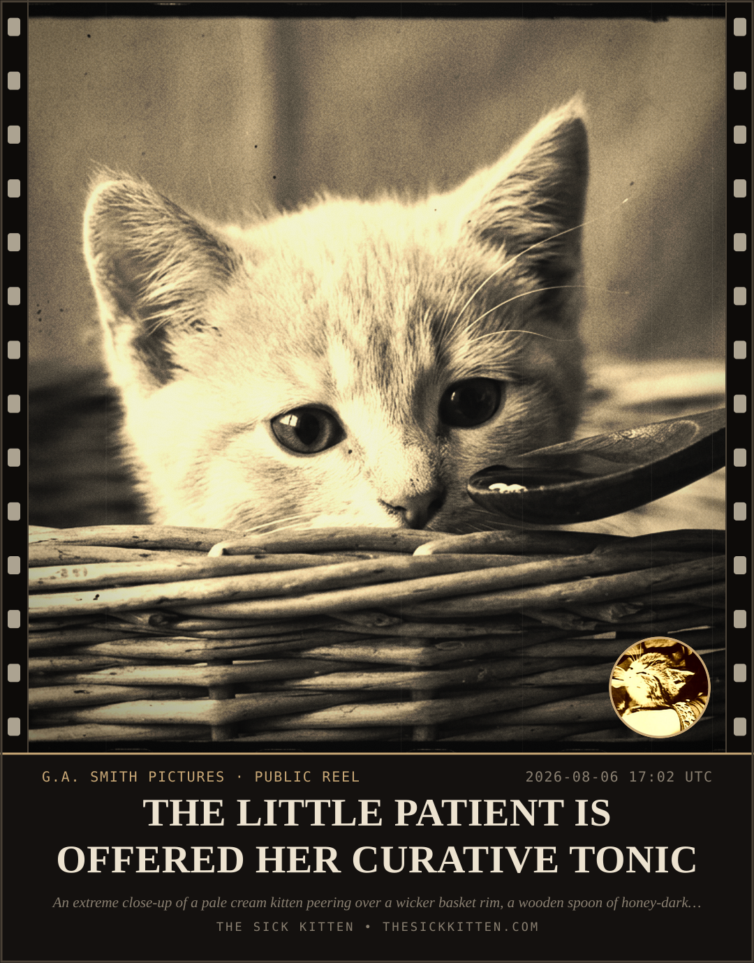 The Sick Kitten, frame no. 760: THE LITTLE PATIENT IS OFFERED HER CURATIVE TONIC