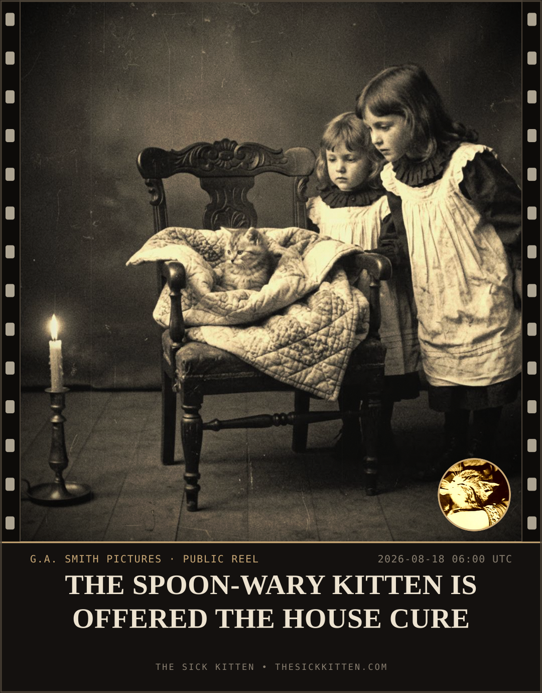 The Sick Kitten, frame no. 933: THE SPOON-WARY KITTEN IS OFFERED THE HOUSE CURE