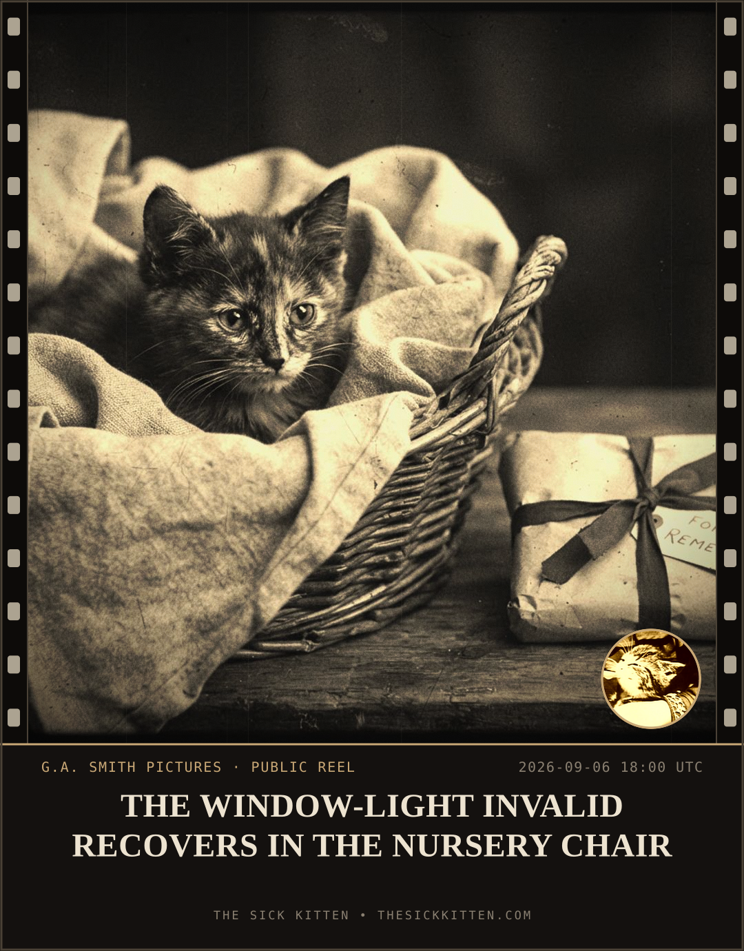 The Sick Kitten, frame no. 1045: THE WINDOW-LIGHT INVALID RECOVERS IN THE NURSERY CHAIR